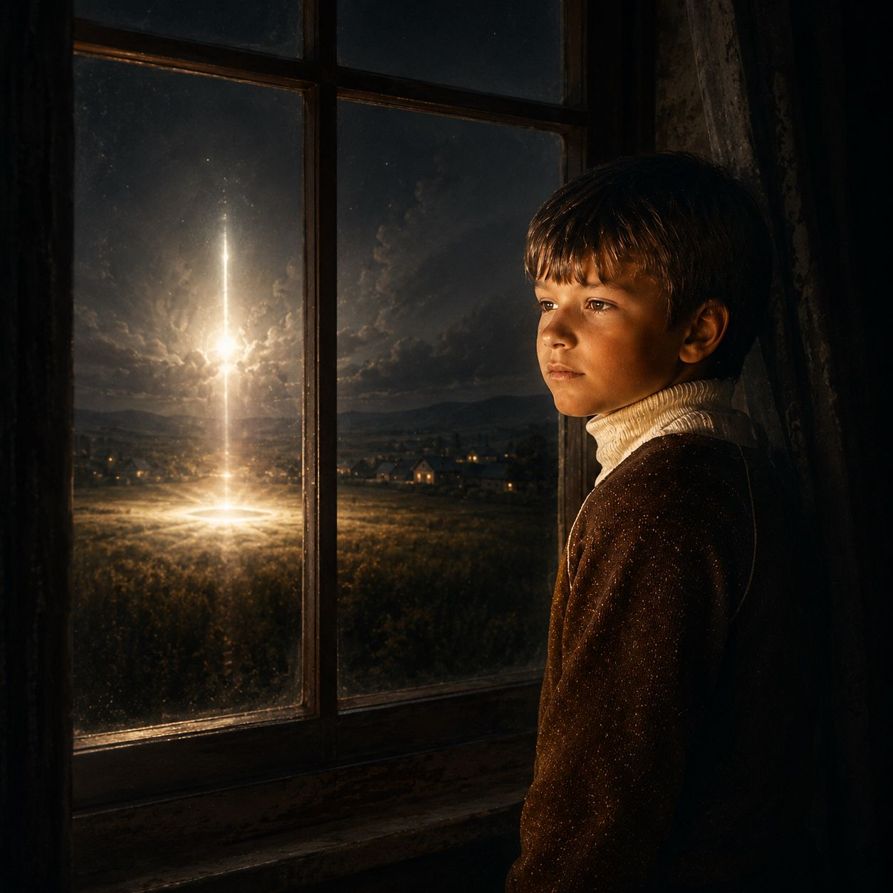 A boy at a window, looking toward an unexplained light in the night sky