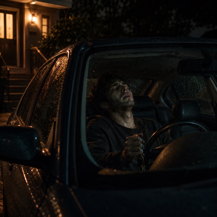 A distressed man sitting alone inside a parked car at night