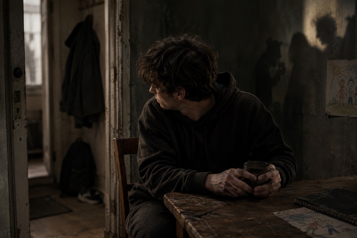 A guarded man holding a cup in a worn room and looking toward the doorway