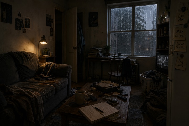 A lived in room carrying the weight of a long rainy evening
