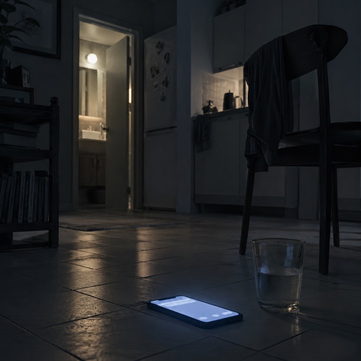 A phone left on the floor of a quiet room at night