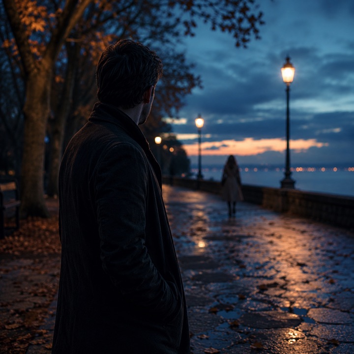 A man watching someone walk away along a rain swept waterfront at dusk