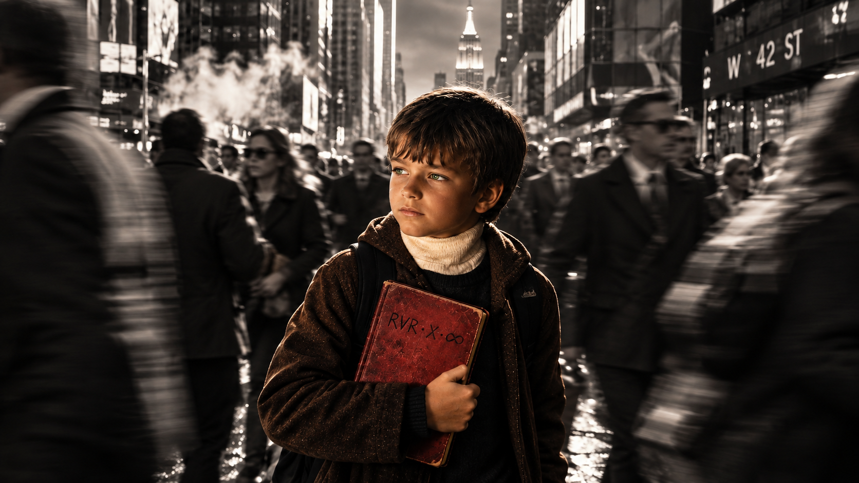 A boy holding a red book as the city moves around him