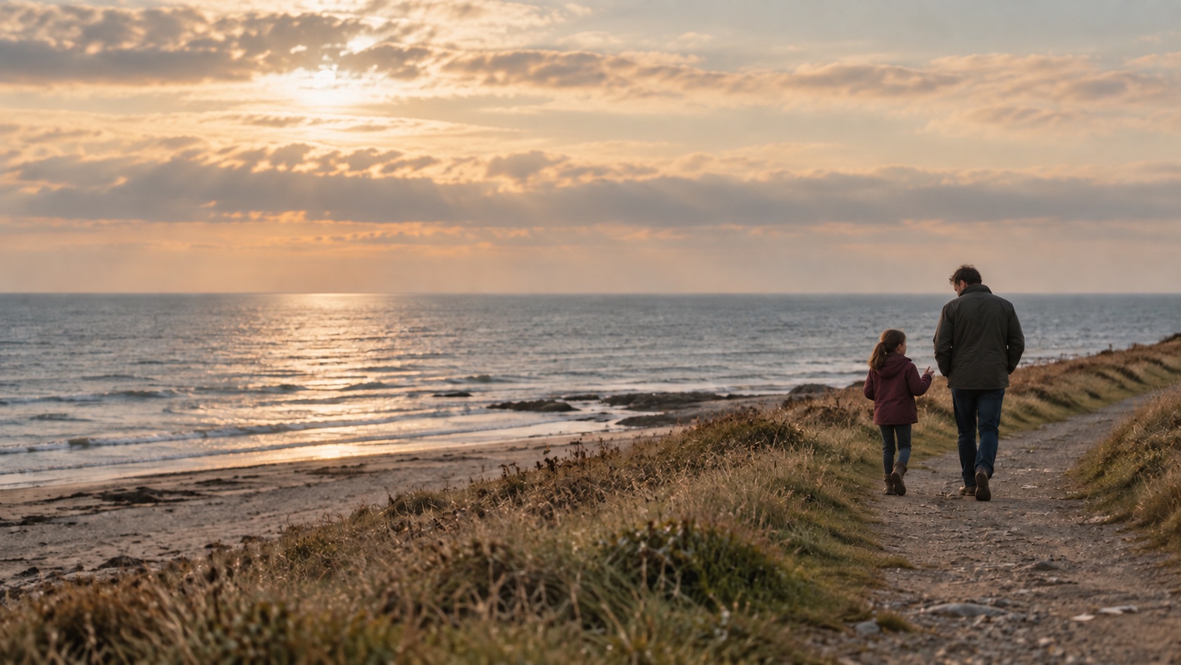 A father and his daughter seen from the rear during a walk by the sea