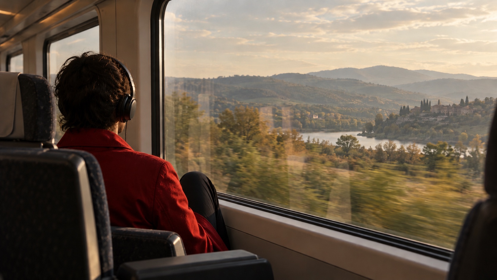 A dark-haired man in a red coat wearing headphones and looking out of a train window