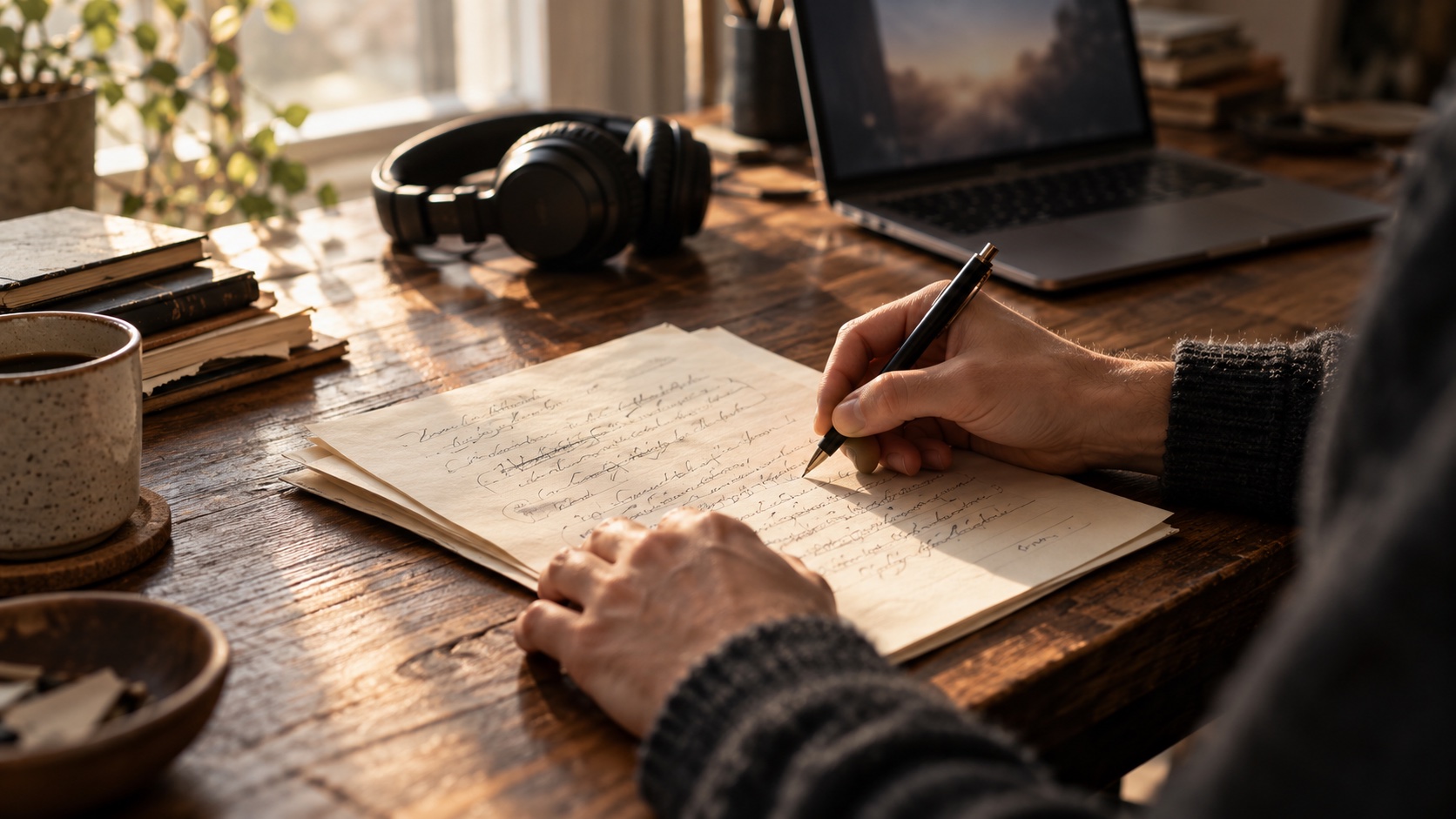 An anonymous writer revising a draft at a desk with headphones and a laptop
